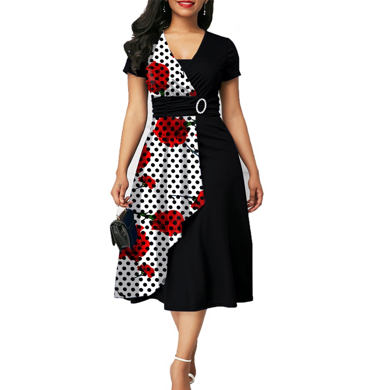 MISSJOY Women Elegant Short Sleeve Asymmetric Hem V Neck Polka Dot Floral Print Patchwork Casual Party Mid Calf Swing Dress 220613, Blue
MISSJOY Women Elegant Short Sleeve Asymmetric Hem V Neck Polka Dot Floral Print Patchwork Casual Party Mid Calf Swing Dress 220613, Blue