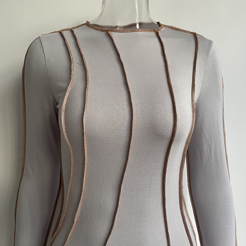 XLLAIS Elegant Stitching Stripes Translucent See Through Long Sleeve Round Neck Casual Maxi Dress For Women 220509