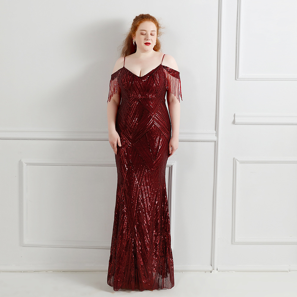 Plus Size Sequin Mermaid Evening Dress With Tassel Elegant Black White Burgundy Long Prom Dresses 2022 Spaghetti Straps Formal Robes Soiree Abendkleid