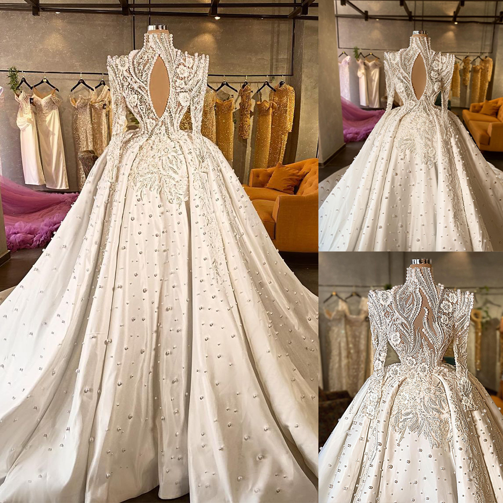 Luxury Ball Gown Wedding Dresses V Neck Long Sleeves Sequins Appliques Pearls Lace Ruffles 3D Lace Floor Length Luxury Bridal Gowns Plus Size robes de