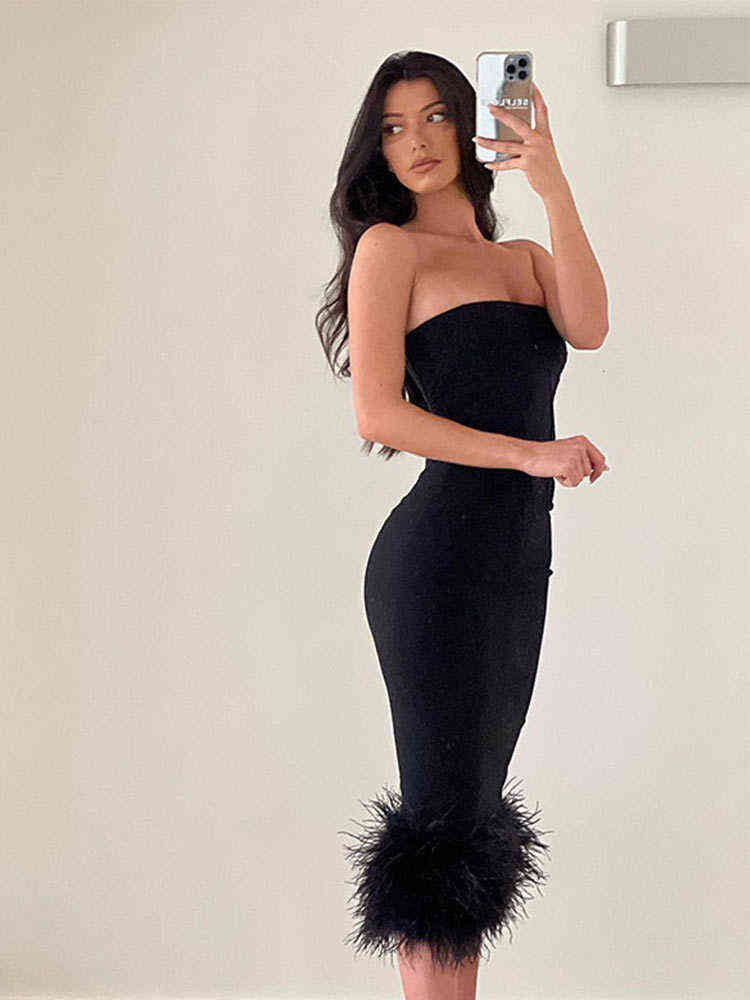 Woman Sleeveless Feather Tube Top Dress Solid Tight Sexy Fashion Elegant Wrap Dress Women 2022 Summer Party Club Midi Robe T220816
