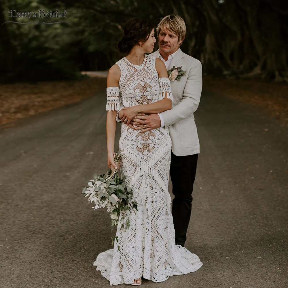 Mermaid Tassel Beach Wedding Dresses Nude Lining crochet Lace cotton Bridal Gowns Rue De Soriee Bohemian Vestido De Noivas