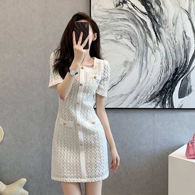2022 Summer new women' square collar short sleeve elegant OL lace hollow out high waist a-line short dress SMLXL, White
2022 Summer new women' square collar short sleeve elegant OL lace hollow out high waist a-line short dress SMLXL, White