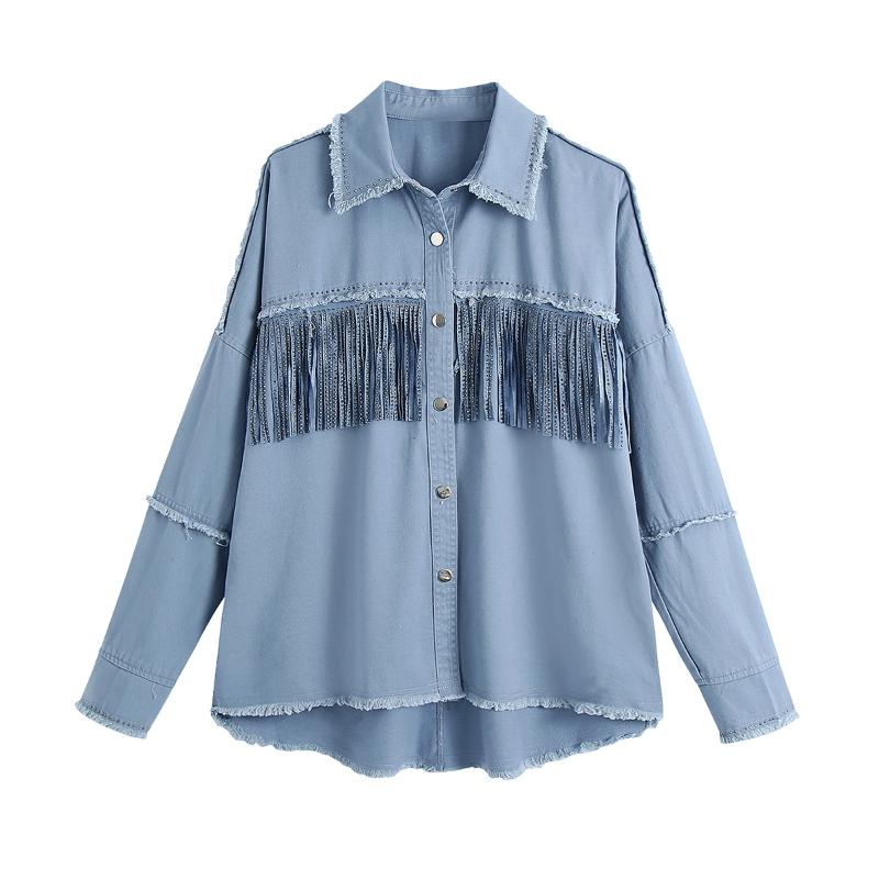 Women's Blouses & Shirts 2022 European And American Pure Color Fringe Embellished Lapel Loose Long Sleeve Jacket 2740/042, Sky blue
Women's Blouses & Shirts 2022 European And American Pure Color Fringe Embellished Lapel Loose Long Sleeve Jacket 2740/042, Sky blue