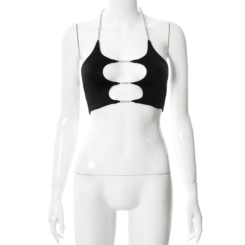 Chains Halter Sleeveless Short Camisole Solid Hollow Out Crop Top Summer Women Fashion Streetwear Y2K Casual Bustier 220325