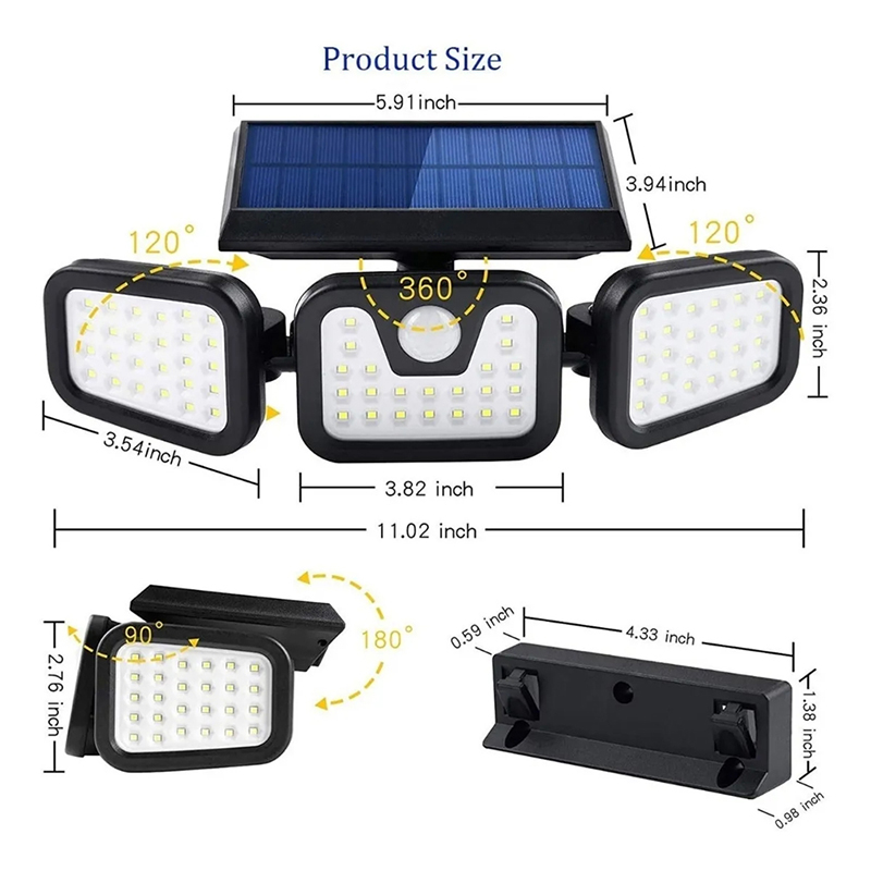74 LED Solar PIR Motion Sensor Light 3 Sides Illumination Wireless with 270 degree Wide Angle IP65 Waterproof Street Lights