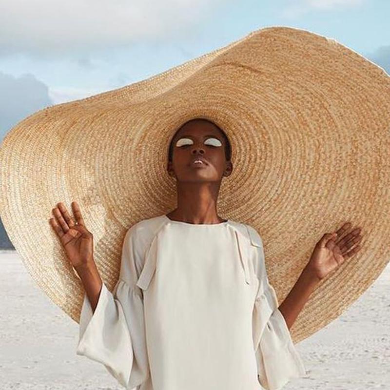 Wide Brim Hats 80cm Fashion Large Sun Hat Beach Anti-UV Protection Foldable Straw Sombrero Lace Up Collapsible Gorras