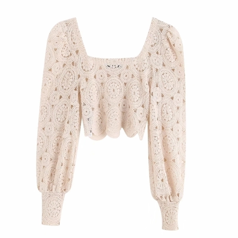 new women sexy hollow out embroidery lace short blouse lantern sleeve court shirt female retro square collar chemise tops LS4037 T200322