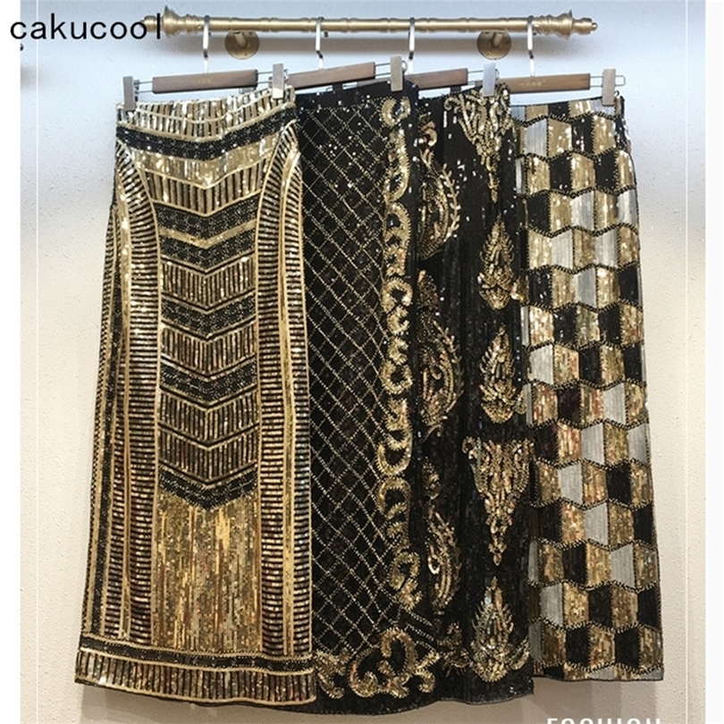 Cakucool Retro Black Sequined X Long Skirt Vintage Beading Pencil Skirt High Waist Golden Silm Bodycon Runway Back Slit Skirt T200324