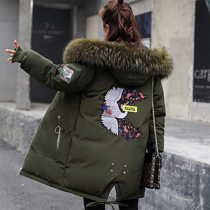 2019 Winter Jacket Women Fur Hooded Parka Long Coats embroidery Cotton Padded Winter Coat Women Warm Thicken Jaqueta Feminina T200114