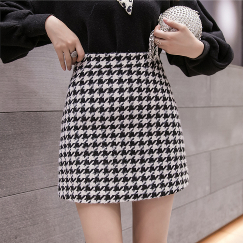 REALEFT Autumn Winter Stylish Houndstooth Skirt Women Woolen Skater Skirts High Waist A-Line Sexy Mini Female 220317