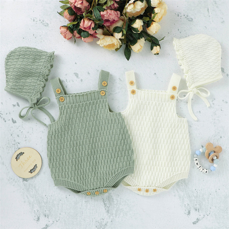 2Pcs Knitted Romper Clothes Set Cotton Triangle Crotch Button OnePiece JumpsuitHats Toddler Baby Boys Girls Outfits 220607