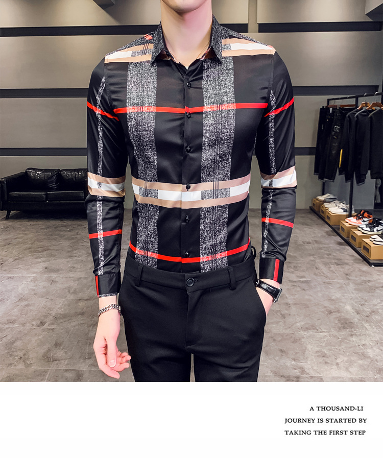 Business Casual Plaid Shirt Men's Formal Workwear Wedding Dress Slim Social Party Clothes Khaki Checked Shirt