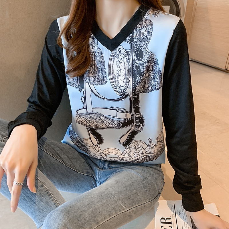 Fashion Women's Tshirt Casual Tops printing T Shirt Basic bottoming shirts Ladies v-neck Long Sleeve Tee 220328