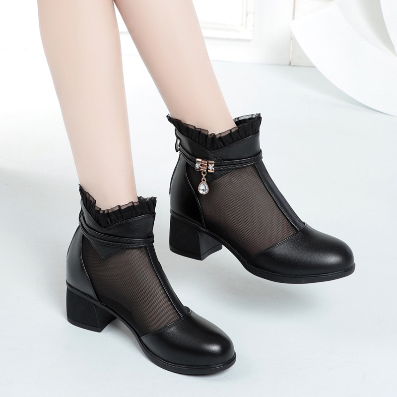 Sandals Hollow Mesh Heels women's Boots Summer Trend Black Lace-Up Sexy Peep Toe Boots Stilettos Jazz Dance Female Shoes