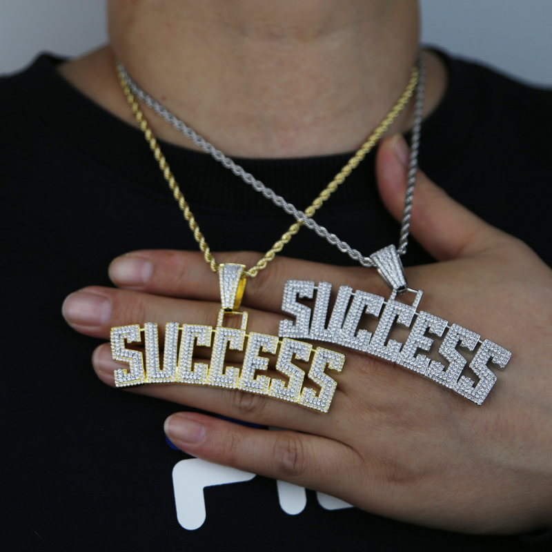 Iced Out Success Necklace Pendant with Rope Chain Bling 5A Cubic Zircon Necklace Letters Jewelry Fashion Men Women Gift