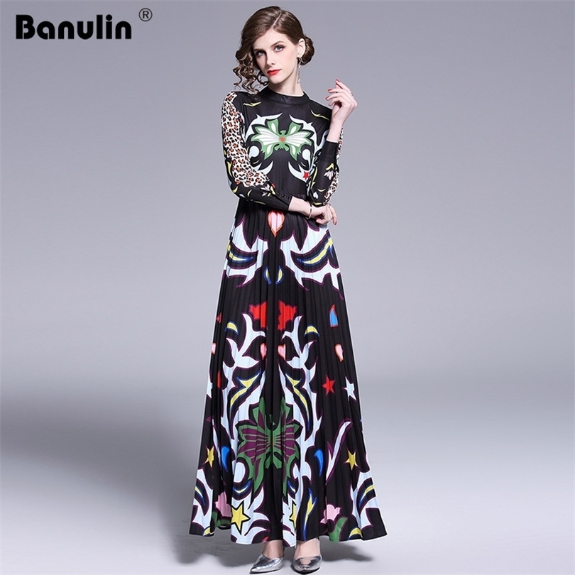 Banulin Runway Long Maxi Dress Women High Quality Charming Floral Long Sleeve Patchwork Elegant Vintage Floor Length Dress T200320