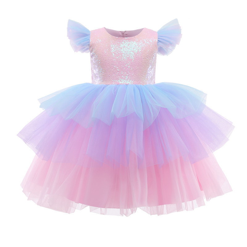 Girls Formal Princess Dress Kids Lace Tulle Rainbow Elegant Evening Party Cake Tutu Prom Gown Children Wedding Communion Costume 220707