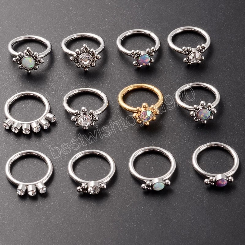 Stainless Steel Opal Septum Clicker Nose Hoop Ring Cz Ear Tragus Helix Cartilage Zircon Daith Earrings Body Piercing Jewelry