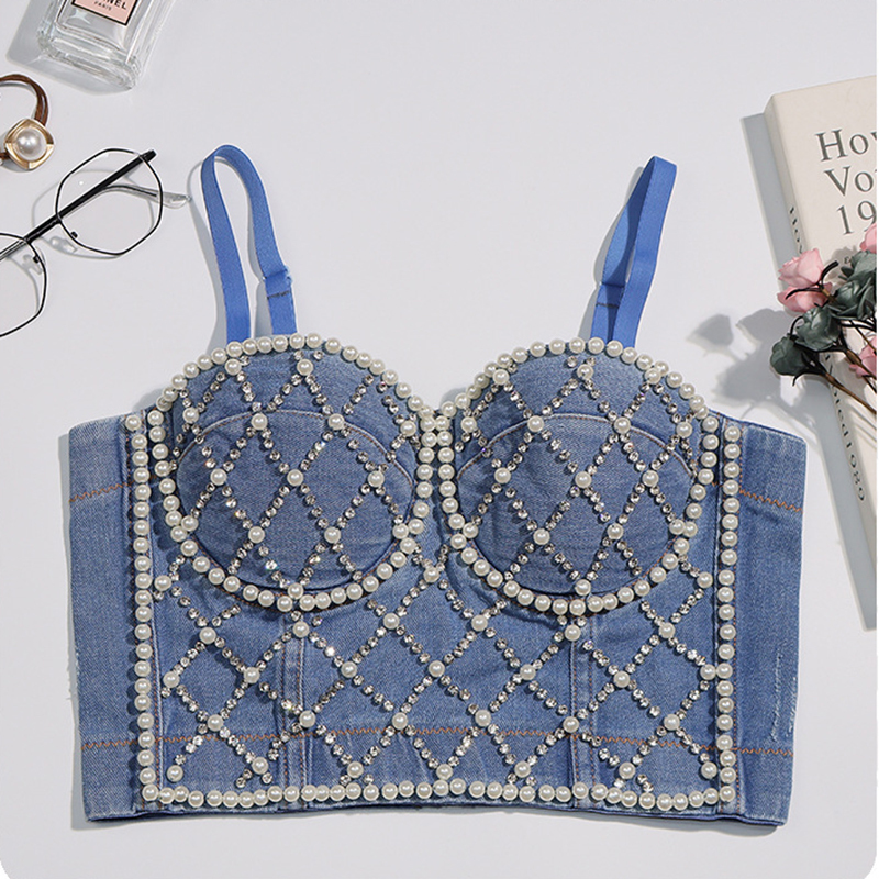 Fashion Corset Top with Diamond Denim Crop women Sexy Glitter Party Club Rave Festival Clothing 220325