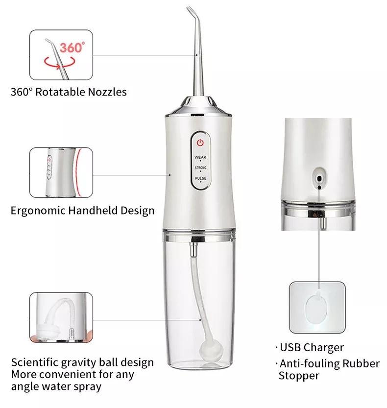 Electric Oral Irrigator 220ML With 4 Nozzles Portable Auto Wash Water Flosser Tooth Stains Cleanser Rechargeable IPX7 Waterproof Dental Care Clean and