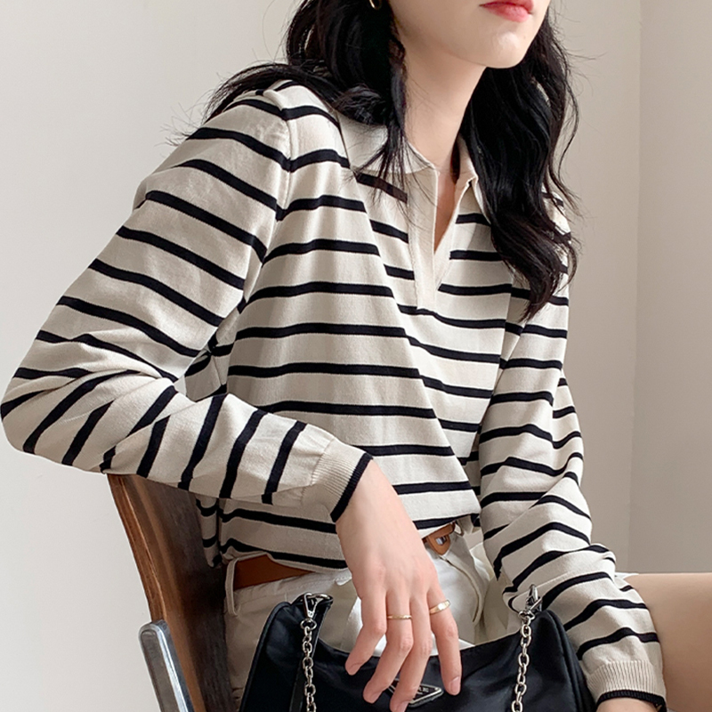 Autumn Stripe Women Tshirt Apricot Polo Collar Long Sleeve Top Casual All-match Korea Fashion Tee Shirt Femme 220321