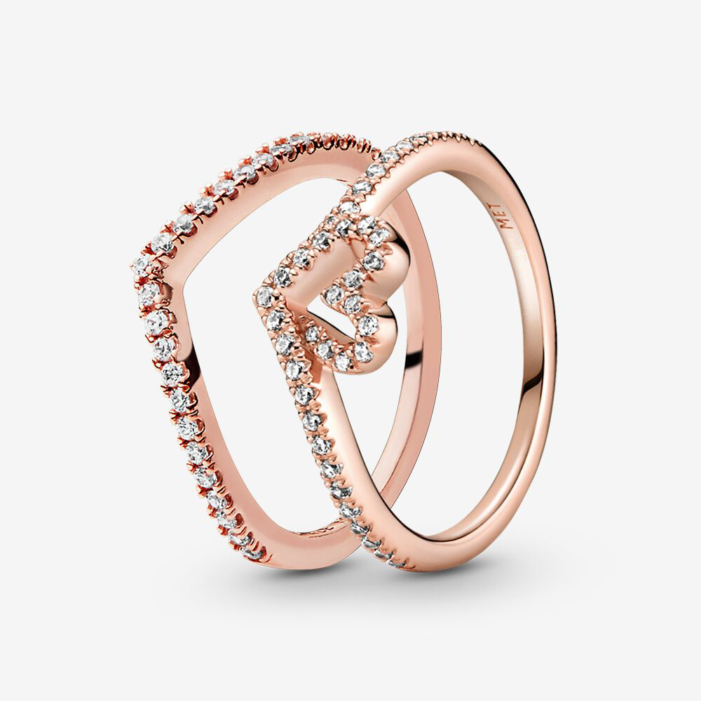 100 925 Sterling Silver Sparkling Pink Heart Wishbone Ring Set For Women Wedding Rings Fashion Jewelry Accessories
