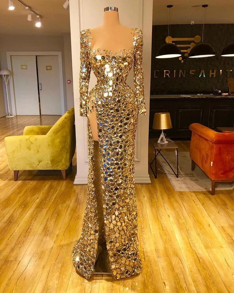 Gold Sexy Mermaid Evening Dresses 2022 long sleeve High Split Sequined diamonds Plus Size Prom engagement Pageant gown Vestidos De Fiesta