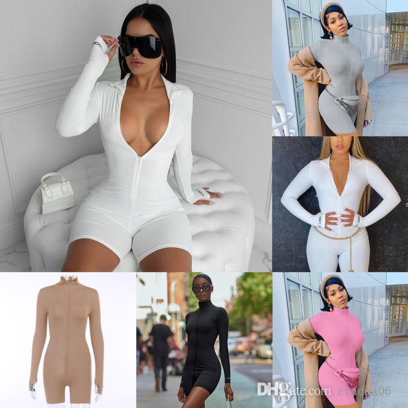 Summer Designer Womens Rib Jumpsuits Zipper Rompers High Neck Embroidered Sports Short High Elastic Pit Strip Bodysuit, White