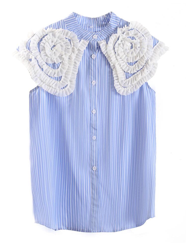 Women' Blouses & Shirts Women Blue Striped Ruffles Flower Elegant Blouse Stand Collar Sleeveless Loose Fit Shirt Fashion Spring Summer 2022
Women' Blouses & Shirts Women Blue Striped Ruffles Flower Elegant Blouse Stand Collar Sleeveless Loose Fit Shirt Fashion Spring Summer 2022