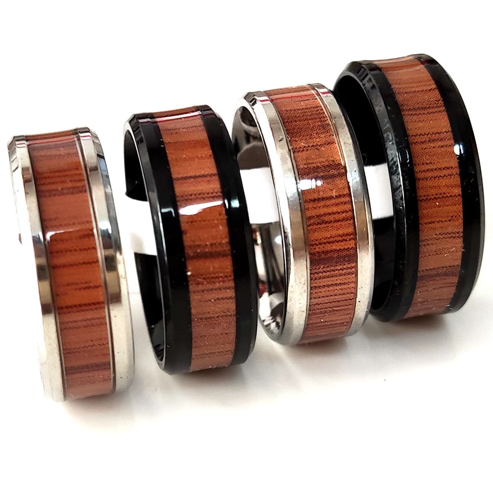 Bulk lots 50pcs Unique Silver Black Ring 8mm Comfort-fit Wood Grain Inlay Stainless Steel Ring