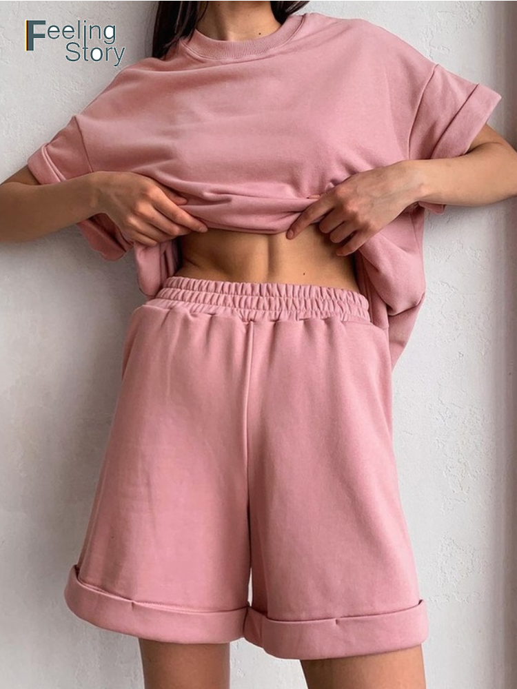 Casual 100% Cotton Summer 2 Pieces Sets Women Suits Short Sleeve T-shirt and Shorts Woman Loose Oversize Classic Tracksuit 220509