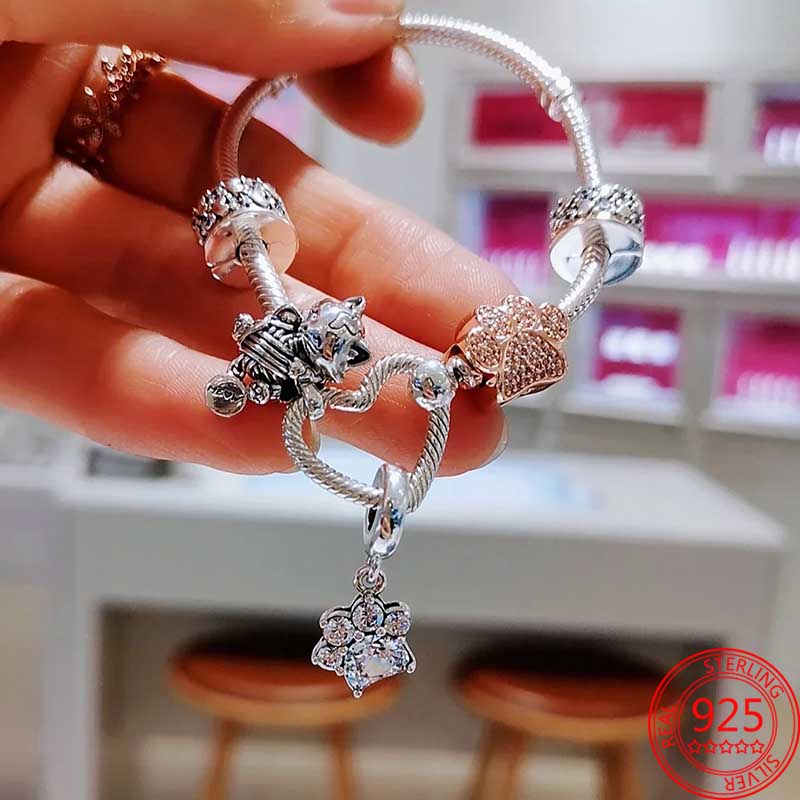 New Trendy 925 Sterling Silver Charm Gorgeous Shiny Paw Print Pendant Kitten Charm Fitted Bracelet DIY Jewelry Gift Making