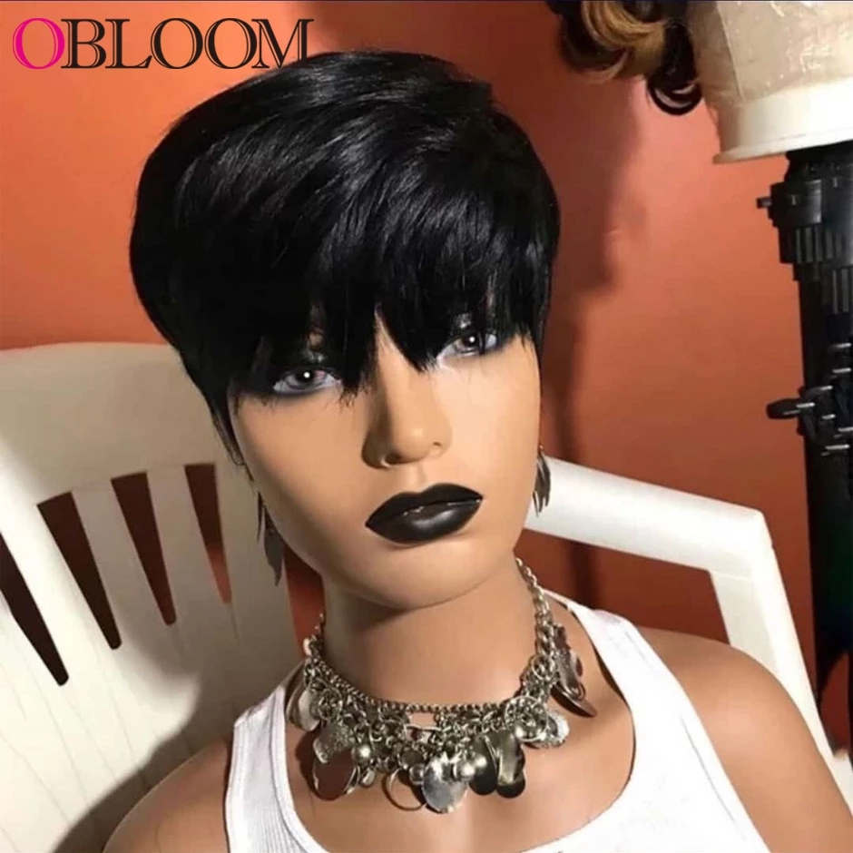 Free shipping Short Pixie Cut Peruvian Human Hair Wigs with Bangs Ombre Blonde 180 Density None Lace Front Wig Glueless for Black Women