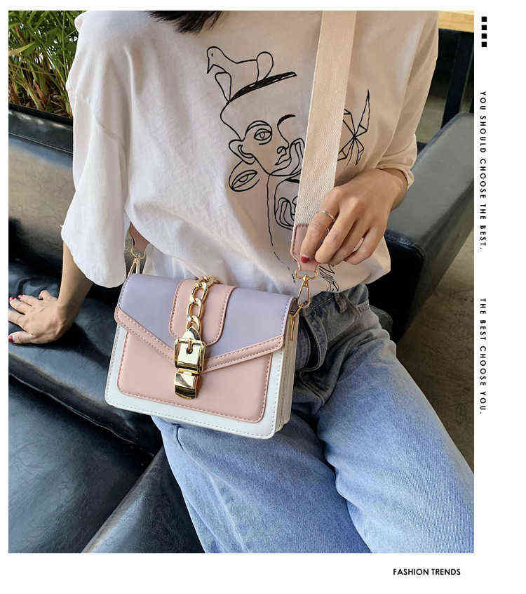 Evening Bags Fashion Chain Lady Sling Bag Panelled Color Pu Leather Crossbody for Women New Wide Strap Shoulder Messenger Ladies 220428