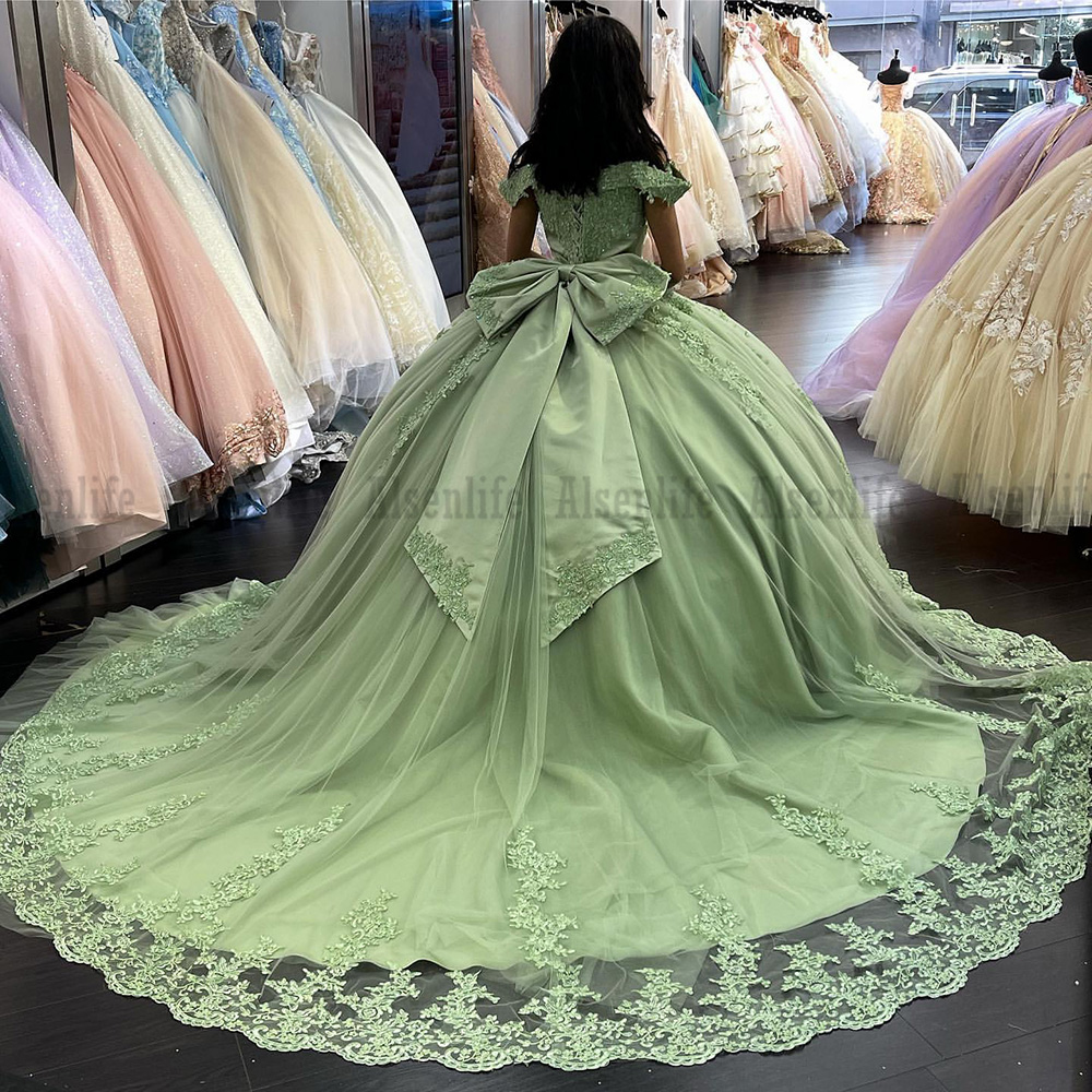 Green Quinceanera Dresses Lace Applique Off The Shoulder Sweet 16 Mexican Girls Bow vestidos de XV anos