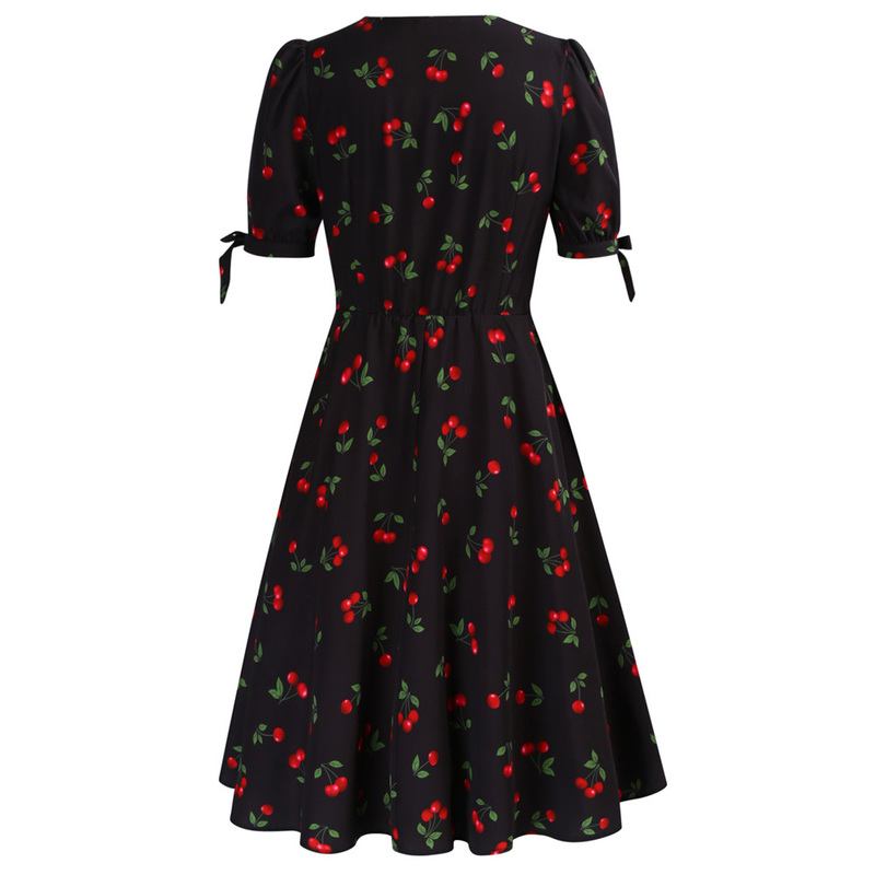 Belle Poque Women's Summer Floral Cherry Print A Line Short Midi Dress Sleeve V-Neck Flared A-Line Sundress A30 220504