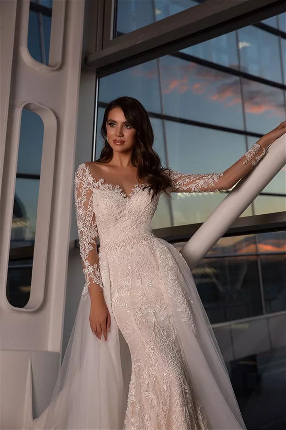 Sexy Strapless Appliques Lace Mermaid Wedding Dress Backless Long Sleeves V Neck Illusion Custom Made Short Train Bridal Dresses Detachable Train Floo