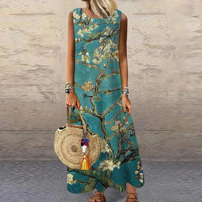 Vintage Floral Printed Women Sleeveless Sundress Summer Loose Casual Beach Long Dress Ladies Bohemia Maxi Dresses Party Vestidos 220426