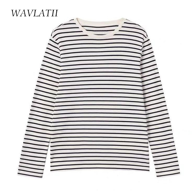 WAVLATII Women Long Sleeve T shirts Female Cotton White Black Striped Tees Lady Oversized Spring Casual Tops WLT2107 220328