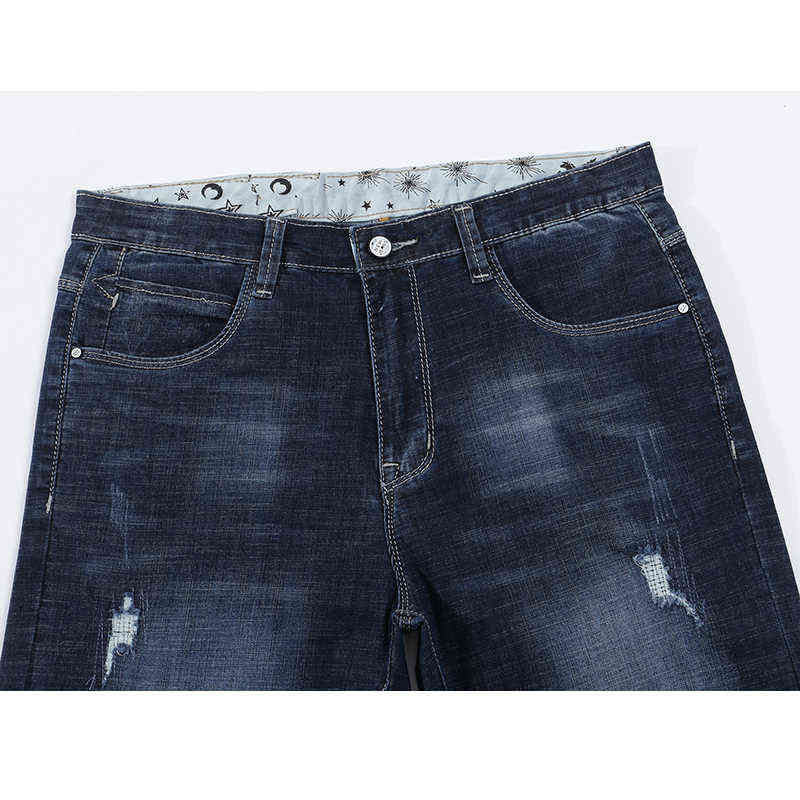 Short Mens Jeans Brand Ripped Biker Jeans Men Shorts Denim Pants Elastic Dark Blue Streewear Frayed Slim Fit Pantalon Homme Jean G0104