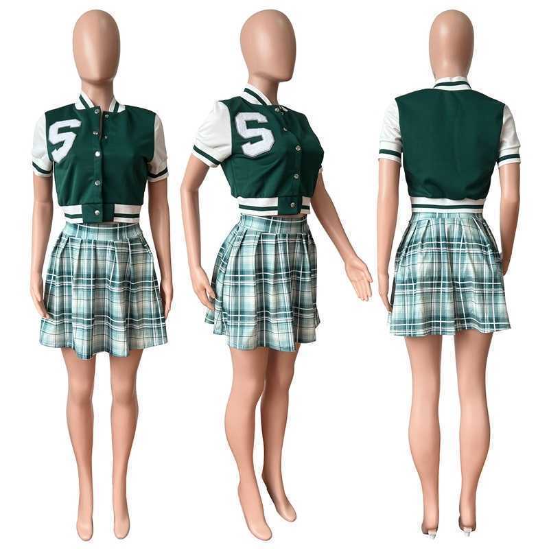 Women Baseball Tracksuits 2023 New Summer Two Piece Dress Sets Short Sleeve Embroidered Letter Varsity Jacket Plaid Skirt Suit