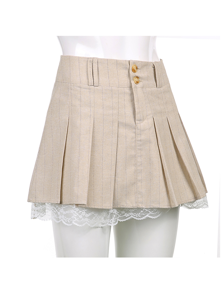 Sweetown Korean Fashion Khaki Short Skirt Lace Trim Cute Pleated Skirts Womens Preppy Style Button Up High Waist Summer Skirt 220701
