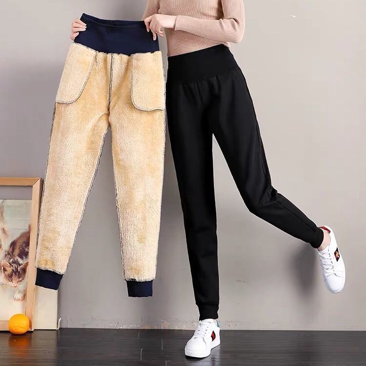 Slim Women Pant Winter Lambskin Cashmere Pants Warm Female Casual Harem Lined Fleece Trousers Autumn Sweatpants 220325