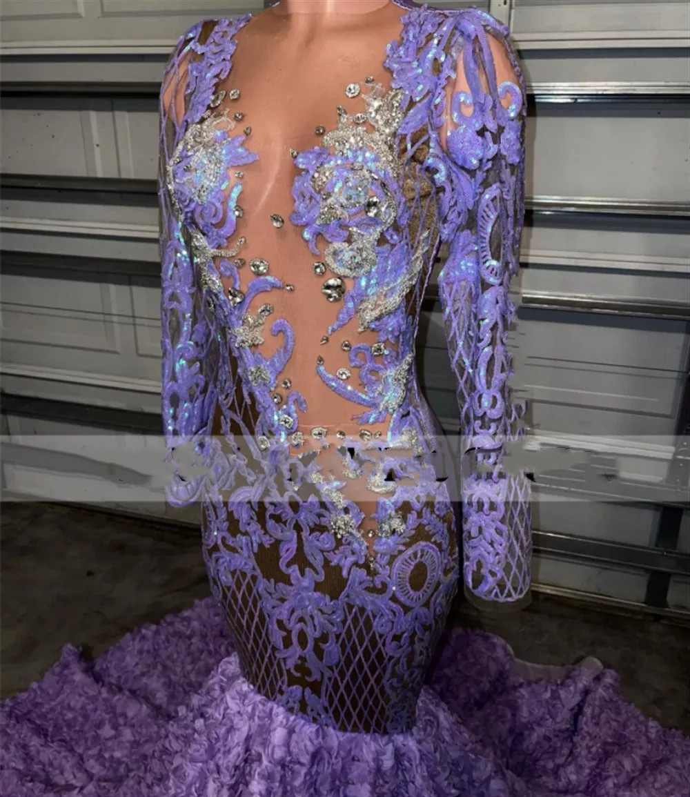 Light Purple Lace Long Sleeve Prom Dresses Black Girls Sheer Neck African Gowns For Women Party Wear Formal Robe De Soiree 322 Mal Mal