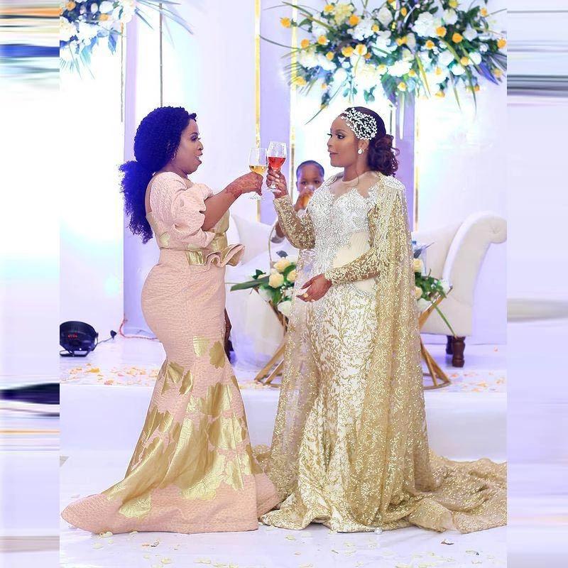 African Lace Wedding Dresses Wit long Wrap Tassels gold champagne Plus Size Bridal Dress Long Sleeve Appliques Beads Sheer Neck vestidos de novia