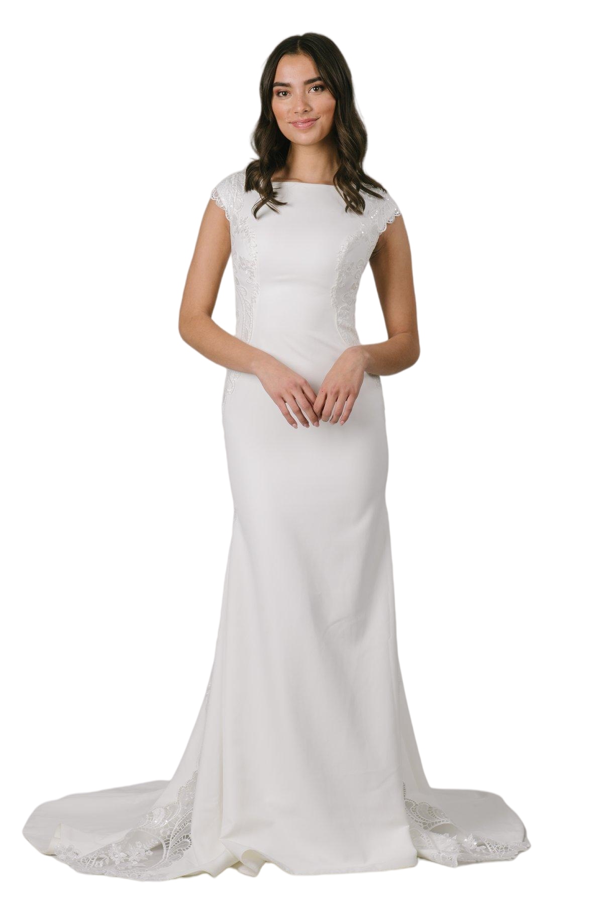 Simple Mermaid Crepe Modest Wedding Dress Cap Sleeves Boat Neck Buttons Back Mermaid Bridal beach Gowns LDS Bride Dress Custom Made