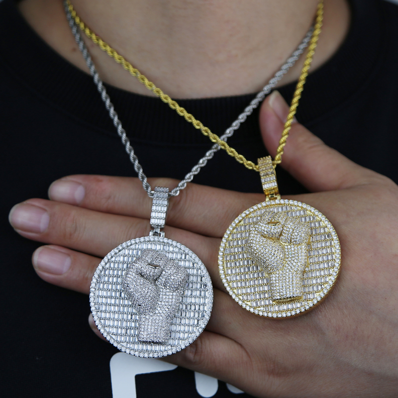 Iced out big round Fist pendant with full cz stone paved hip hop cuban chain necklace for women men punk styles hand jewelry wholesale