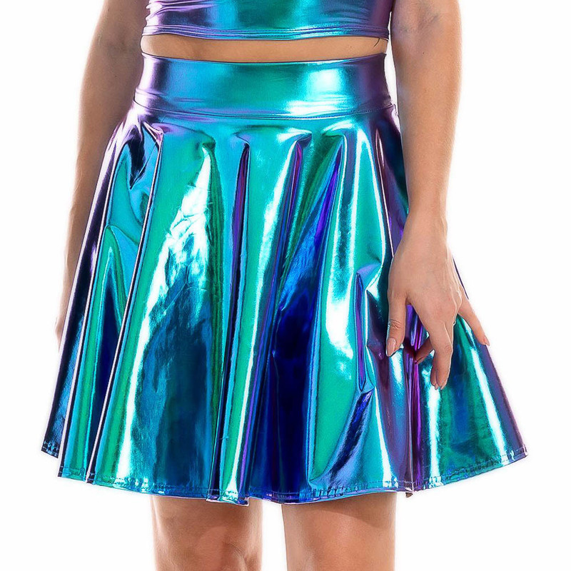 Summer Sexy Laser High Waist Mini PU Leather Skirt Club Party Dance Shiny Holographic Skirts Harajuku JK Metallic Pleated 220317