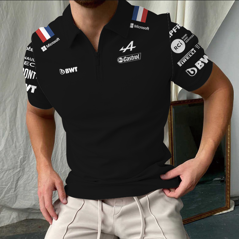 Zipper Polo Shirt Formula One Alpine Team Alonso Blue Black POLO Casual Short Sleeve Racing Fans Summer Tops 220606